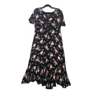 LOLA P Womens Midi Dress Medium Black Pink Floral Ruffle Hem 90s Y2K Cottagecore